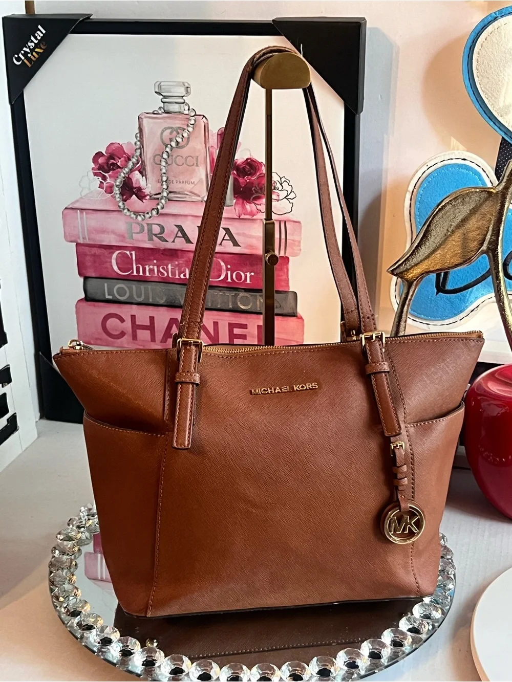 Michael Kors Brown Leather Saffiano Tote with Gold Logo Charm